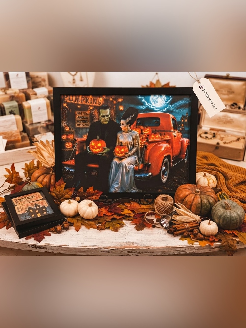 Frankenstein & Bride Pumpkin Patch Framed 8x10 Art Print